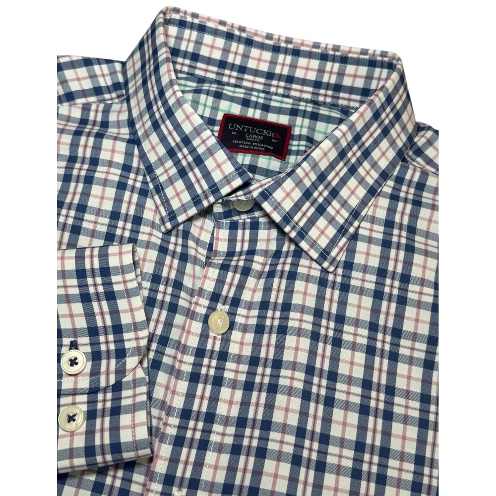 UNTUCKit Macul Performance Shirt Mens L Slim Fit Plaid Navy Pink Button Down L/S